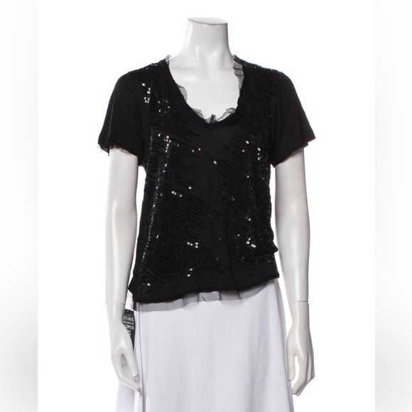 Valentino Tops - Red Valentino black sequin scoop V neck short sleeve shirt with netted ruffles